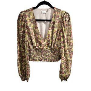 ✌️ 2/$40 ✌️ Artizia Wilfred Floral Green & Plum Plunging Neck  Blouse sz M